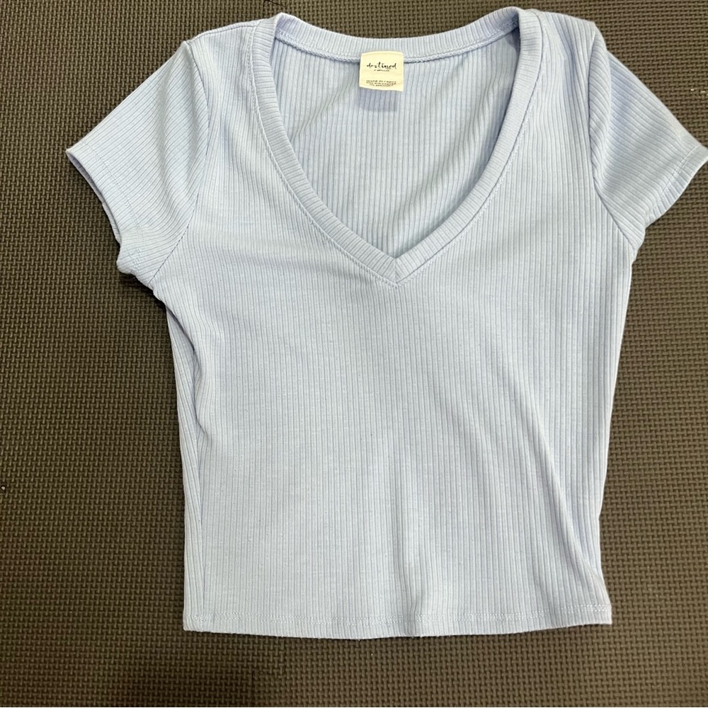 Ribbed V-Neck Light Blue Top